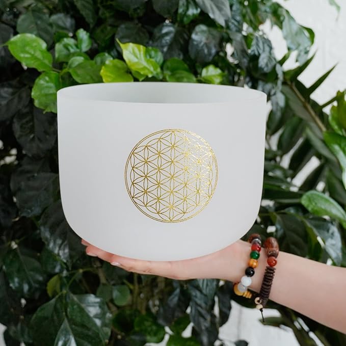 Hye-eun 528HZ 8 Inch C Note Flower of Life Crystal Singing Bowl Sound Healing Meditation Crystal Bowl Sound Bath Bowl Sound Bath Singing Bowl (Gold without bag)