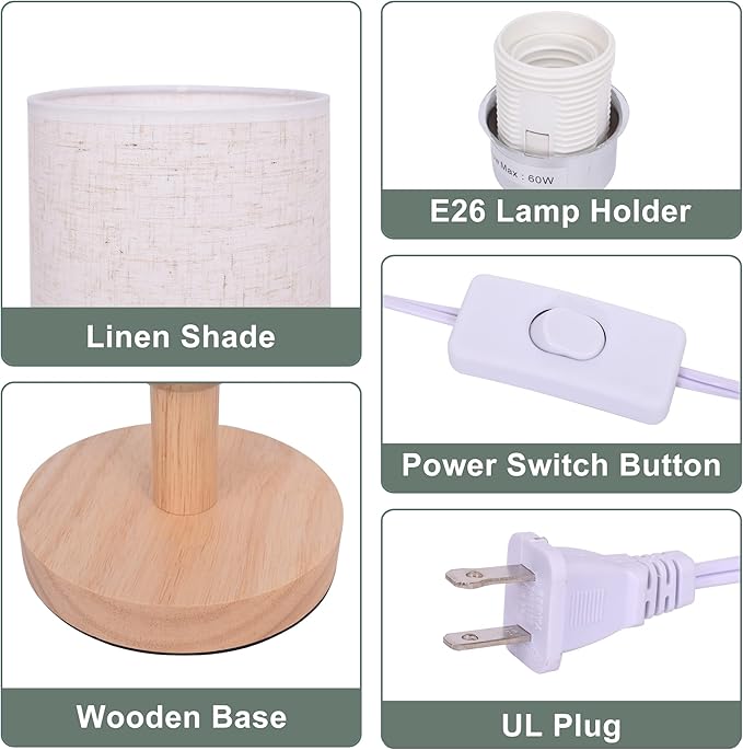 Small Table Lamp Mini Bedside Night Light Wooden Simple Desk Nightstand Lighting with Linen Shade for Bedroom, Living Room, Kids Room (Including LED Bulb) (Round) - Bloomnest