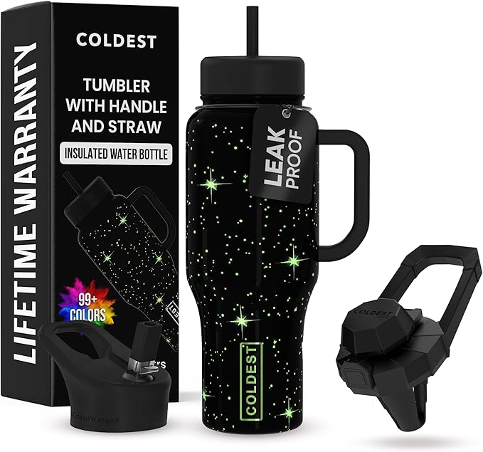 Coldest Tumbler with Handle and Straw - 100% Leak Proof Insulated Tumbler with Lid and Straw (3 Lids) - Stainless Steel Tumblers for Women & Men - Cup Holder Friendly Base, 36 oz (Farther Away) - Bloomnest