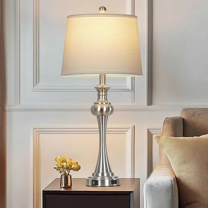 28.75"Silver Table Lamps Set of 2, 3 Way Touch Control Living Room Lamps with USB A+C Ports & Outlets , Modern Bedside Lamps, Elegant Metal Nightstand Lamps for Bedroom Office End Table Decoration - Bloomnest
