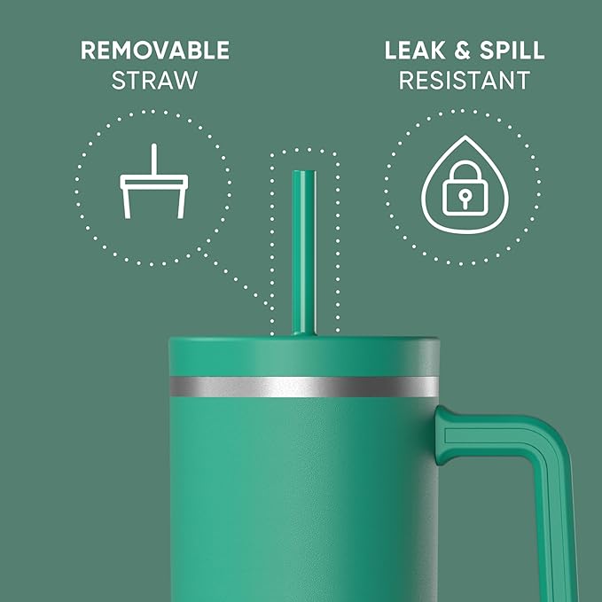 Hydrapeak Voyager 40 Oz Stainless Steel Tumbler with Handle, Insulated Water Bottle With Straw & Lid, Cupholder Friendly Reusable Travel Mug (Kelly Green) - Bloomnest