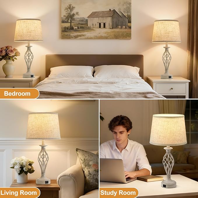 Table Lamp for Bedroom Set of 2 - Light Grey Bedside Lamps with USB C+A Ports,Rustic Distressed Farmhouse Bedroom Lamp - Lamp for Living Room Reading Bed Side End Table Bulbs Included - Bloomnest