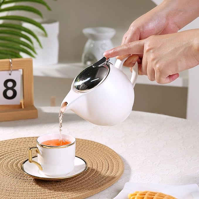 Small Ceramic Teapot With Stainless Steel Infuser For Loose Tea And Blooming Tea, Heat Resistant Ceramic Tea Pot And Tea Kettle, Perfect Tea Maker, White Teapot 350ml/12.0oz
