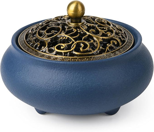 Ceramic Incense Burner with Incense Holder+ Fireproof Cotton,Handmade Smudging Burn Bowl for Stick or Coil Incense,Sage Cones, Frankincense and Mosquito Incense (Blue) - Bloomnest