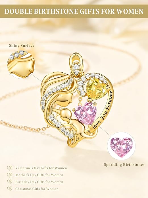 14K Gold Double Birthstone Heart Necklace for Women Mom, Mother Son/Daughter Pendant Necklace for Christmas Mother's Day Birthday Gifts for Wife Daughter Grandmom - Bloomnest