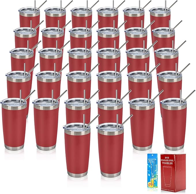 IEOVIEE 32 Pack, 20oz Stainless Steel Bulk Tumblers with Lids and Straws, Double Wall Insulated Travel Mug, Durable Powder Coated Tumbler Bulk Cup for Cold and Hot Drinks(Red) - Bloomnest