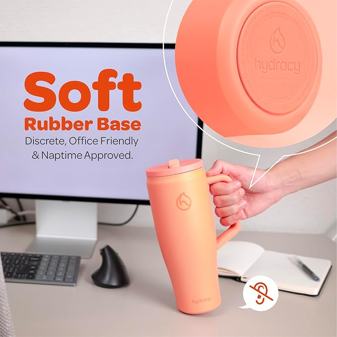 Hydracy 40oz Tumbler with Lid and Straw Stainless Steel Insulated Water Bottle with Handle, Reusable Leakproof Rotatable Lid for Left or Right Hand Use, Cupholder Friendly Rubber Base - Coral Crush - Bloomnest