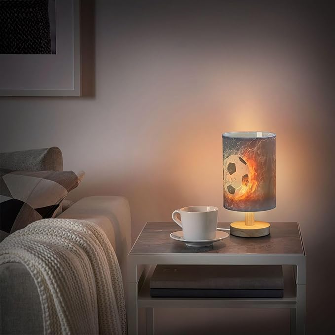 Table Lamp Soccer Ball in Fire Flame Water Sport Design American Football Nightstand Lamp with Wood Base Fabric Lamp Shade Bedside Desk Lamp for Living Room Bedroom Kids Room Office - Bloomnest