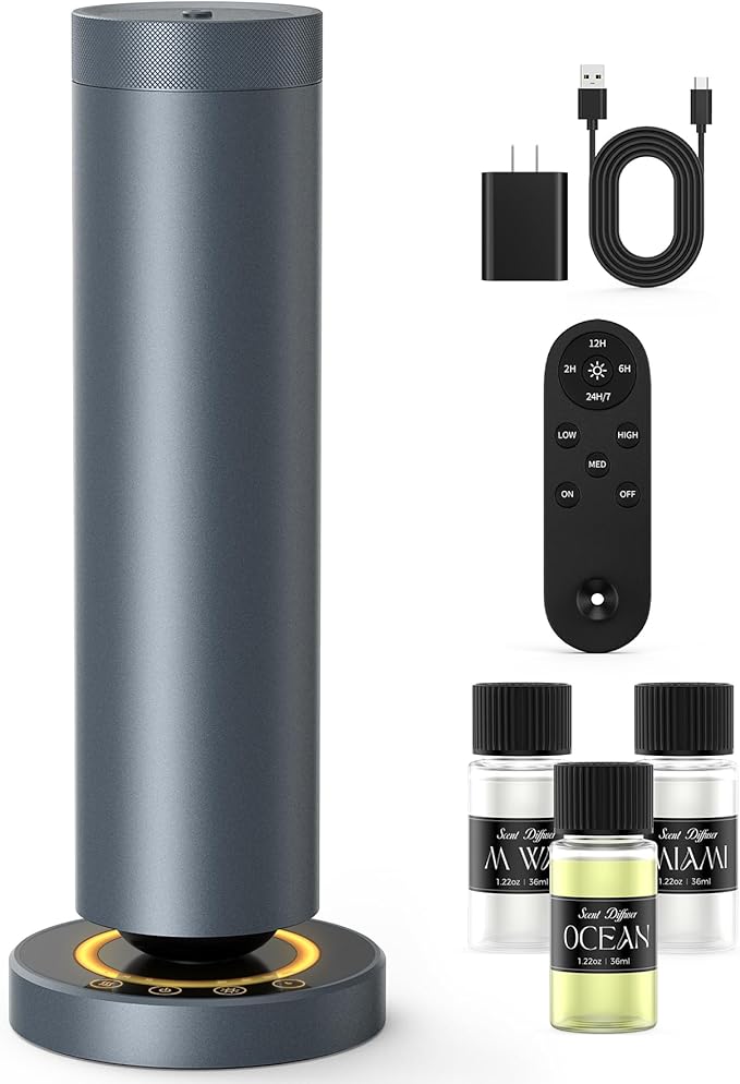 Waterless Diffuser with 108ML Essential Oils, Covers 1000 Sq Ft, Diffusers for Home Hotel, Adjustable Mist & Timer, Scent Diffuser Starter Kit with Night Light, Corded Electric,Grey - Bloomnest
