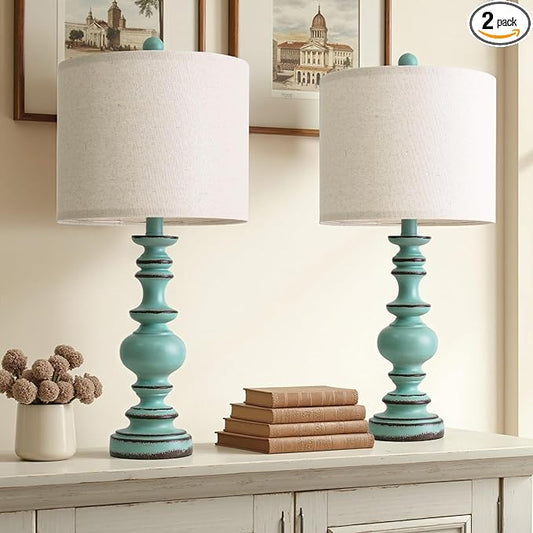 BOBOMOMO 24" Farmhouse Table Lamps Set of 2 – Distressed Teal Lamps with Linen Shades, Cottage Style Bedside Lamps for Bedroom, Living Room, or Entryway, Medium Height Lamps with Coastal Vintage Charm - Bloomnest