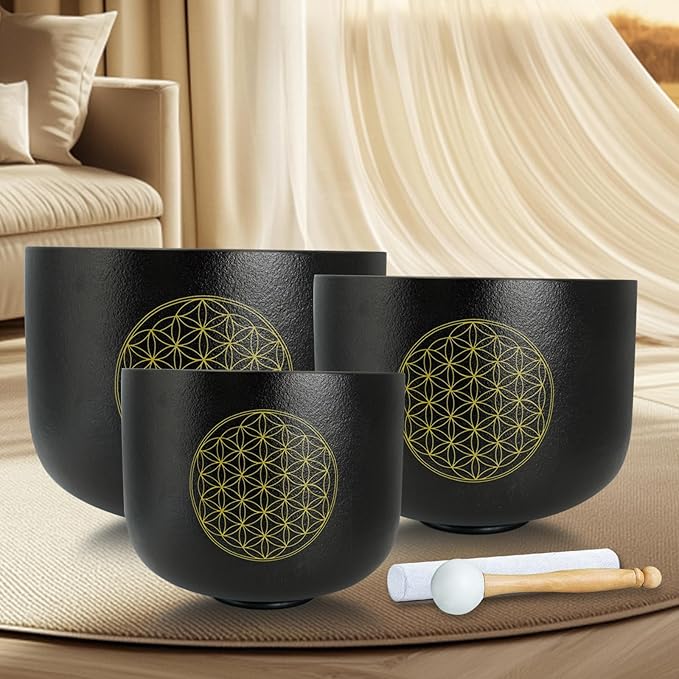 Set of 3 Singing Bowls Life of Flower Black 8-12 inch 8"G 10"E 12"C Frosted Chakra Quartz Crystal Sound Healing Bowls with 1 Mallet Suede 1 Striker 3 O-rings - Bloomnest