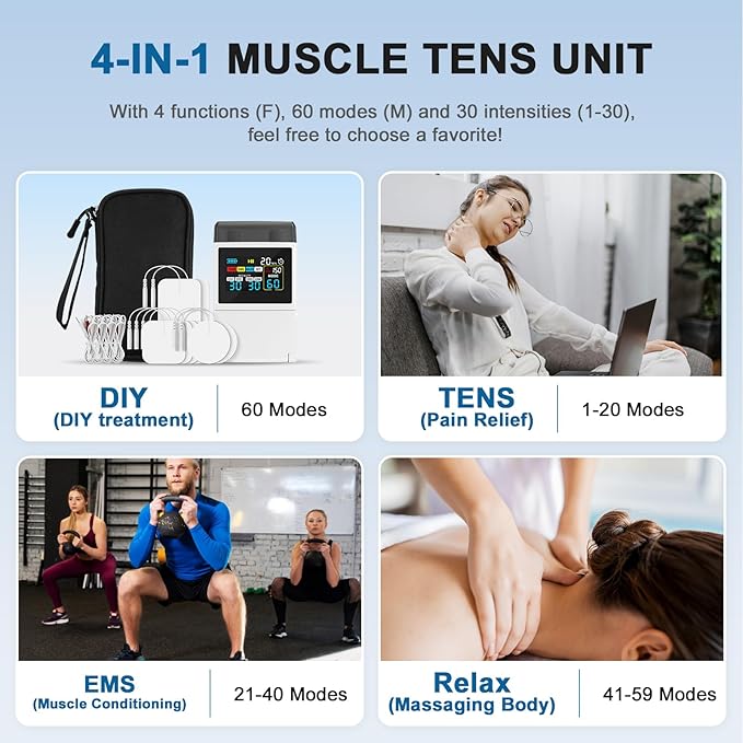 TENS Unit EMS Muscle Stimulator for Pain Relief, 4-in-1 TENS & EMS & Relax & DIY, 4-Channel 60 Modes 30 Intensity with Upgraded Color Screen for Back, Neck, Shoulder, Sciatica Baoliter