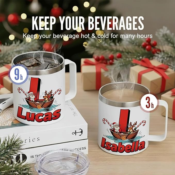 JugJug Personalized Christmas Mug with Initial & Name - Funny Rowing Santa & Reindeer 12oz Insulated Coffee Cup with Lid - Xmas Gifts for Kids, Boys (B156) - Bloomnest