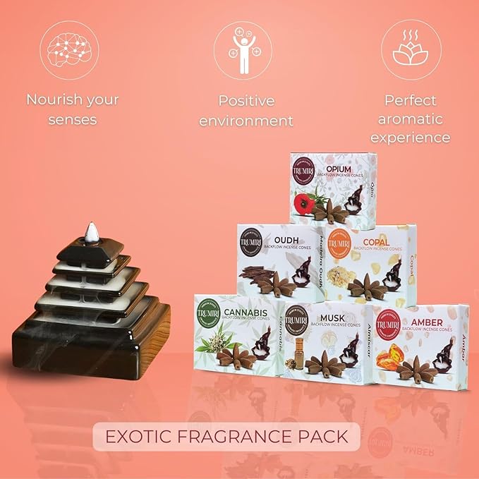 Exotic - Backflow Incense Cones for Waterfall - Scented Inscents-Cones - Copal, Amber, Musk, Oud - Insiensos Aromaticos - 6x10=60 Large Variety Pack TRUMIRI