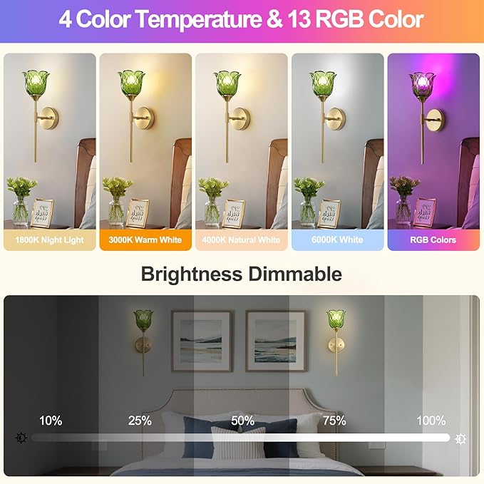 2 Pack Vintage Battery Operated Wall Sconce with Green Glass Lampshade, Wireless Rechargeable Battery Powered RGB Wall Light with Remote Control, for Bedside Bedroom Doorway - Bloomnest