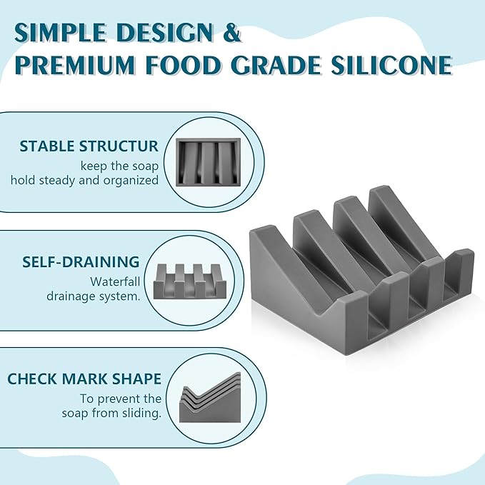 Self Draining Soap Dish Holder,Silicone Soap Dish,for Bathroom,Kitchen, Sponges，Can Extend Soap Life，Keep Soap Bars Dry and Easy Cleaning (Grey,4-Pack) - Bloomnest