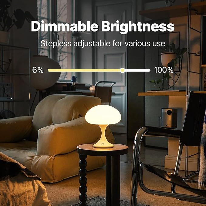 Mushroom Lamp, 5W LED Cordless Rechargeable Table Lamp with Glass Shade, Small Retro Dimmable Touch Light with 3 Color Temps, Aesthetic Mid Century Bedside Light for Bedroom Ambient, White - Bloomnest