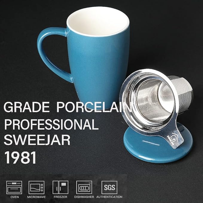 Sweejar Porcelain Tea Infuser Mug with Lid, 16 oz Teacup with Strainers for Loose Leaf Tea, Microwave and Dishwasher Safe Coffee Mug(Fog blue) - Bloomnest