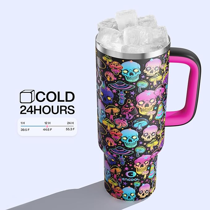 ENCOOL 40 oz Tumbler with Handle and Straw: Stainless Steel Insulated Tumbler Keeps Cold for 24 Hours, Leakproof Travel Cup Fits in Cup Holder and BPA-Free, Trippy Skulls ENCOOL