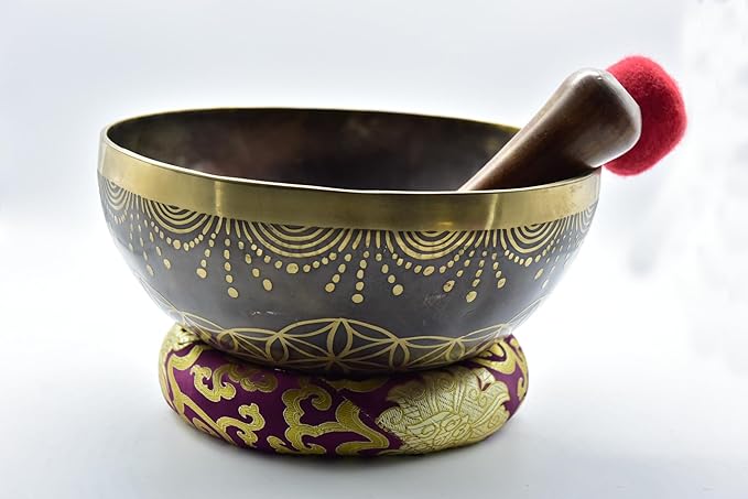 10 Inch Fine Etching Handmade Singing Bowl Yoga Meditation, with cushions and Mallet, Real Sandmade Singing Bowl from Nepal, healing bowls - Bloomnest