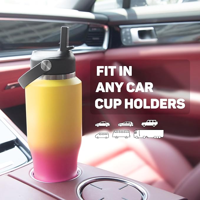 32oz Water Bottle with Powder Coated, Fit in Any Car Cup Holder, Water Bottle with Straw Lids, Stainless Steel Insulated Water Flask Double Wall Leak-proof BPA Free to Keep Cold&Hot - Bloomnest