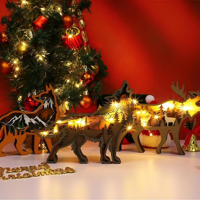 3D Wood Carving Animals Lamp Home Decorative, Cute Bear Family Elephant Presents Ideas Christmas Living Room Office Decor Warm LED Night Lights Gift for Friend Daughter Son Mom Dad (Wolf) - Bloomnest