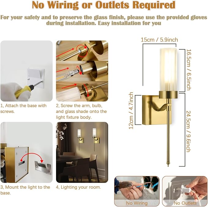 Battery Operated Wall Sconces Set of Two with Remote, Gold Rechargeable Wireless Wall Lights, Sconces Wall Decor Set of 2 Dimmable 2700K Battery Powered Sconce for Bathroom Living Room Hallway - Bloomnest