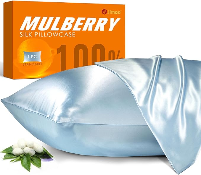 100% Mulberry Silk Pillowcase for Hair and Skin, 22 Momme Pure Natural Silk Pillow Case Both Sided with Zipper, Pillow Cover for Women Mom Men (Light Blue, Queen 20''×30'', 1 Pack) - Bloomnest