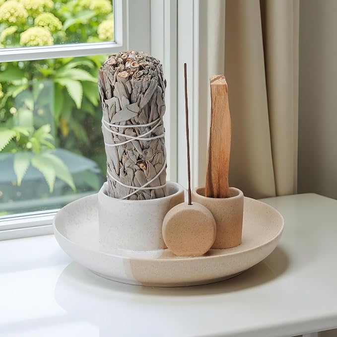 4 in 1 Incense Holder, Ceramic Incense Stick and Palo Santo Holder,Sage Holder for Burning- 5.5" Ceramic Ash Catcher Tray for Meditation and Yoga Room (White Sand) - Bloomnest