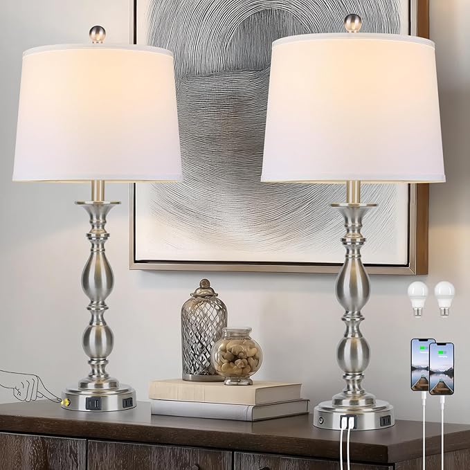 28" Tall Modern Table Lamps Set of 2 with USB A+C Ports and AC Outlet, 3 Way Touch Metal Bedside Lamps for Bedroom, Silver Farmhouse Nightstand Lamps for Living Room - Bloomnest