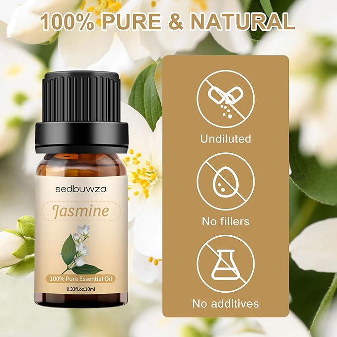 Sedbuwza Jasmine Essential Oil, Pure Organic Jasmine Fragrance Oil for Diffuser, Humidifier, Soap, Candle, Perfume Sedbuwza