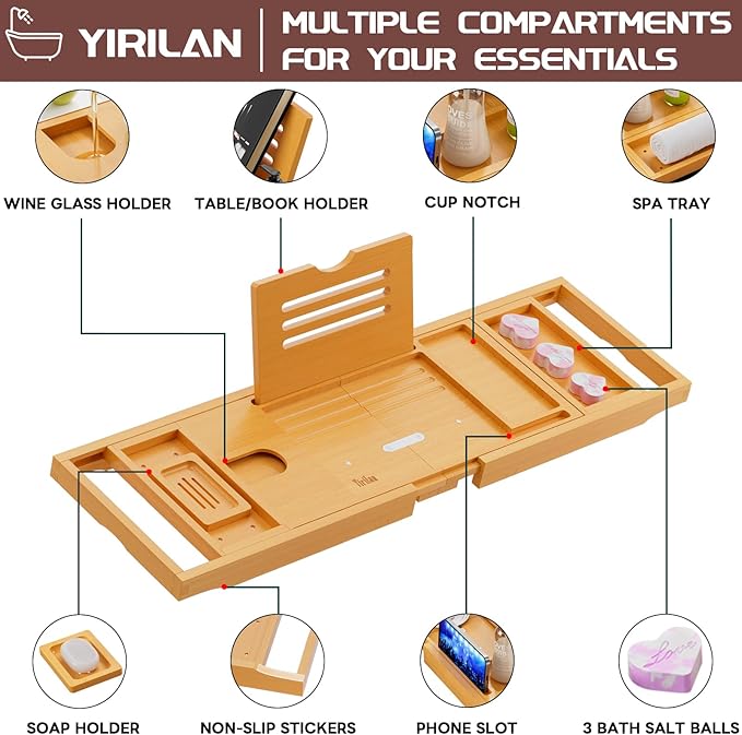 Yirilan Lux Expandable Bathtub Tray Caddy with 3 Bath Bombs-Self Care and Relaxation Birthday Gifts for Women and Men, Housewarming Gift Idea, for Mom Sister Daughter Wife - Bloomnest