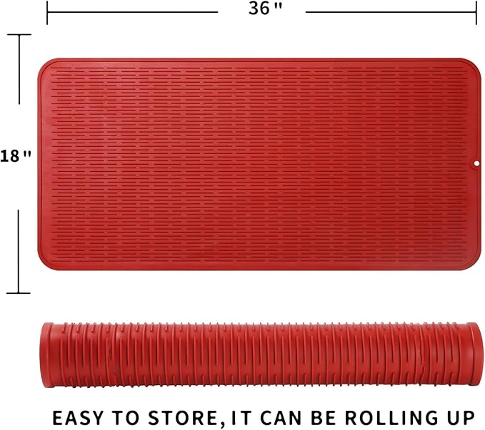 Silicone Dish Drying Mat for Multiple Usage,Easy clean,Eco-friendly,Heat-resistant Silicone Mat for Kitchen Counter or Sink,Refrigerator or Drawer Liner Red 5XL 36inches x 18inches - Bloomnest