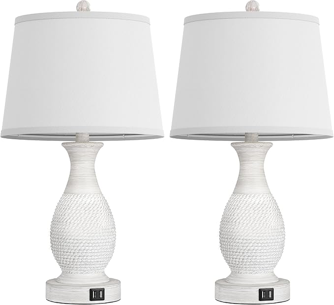 PARTPHONER Set of 2 Table Lamps with USB C+A Fast Charging Ports, 26" Tall Farmhouse Living Room Lamp with 3-Way Dimmable Nightstand Lamp White Fabric Shade for Living Room Bedroom Home Office - Bloomnest