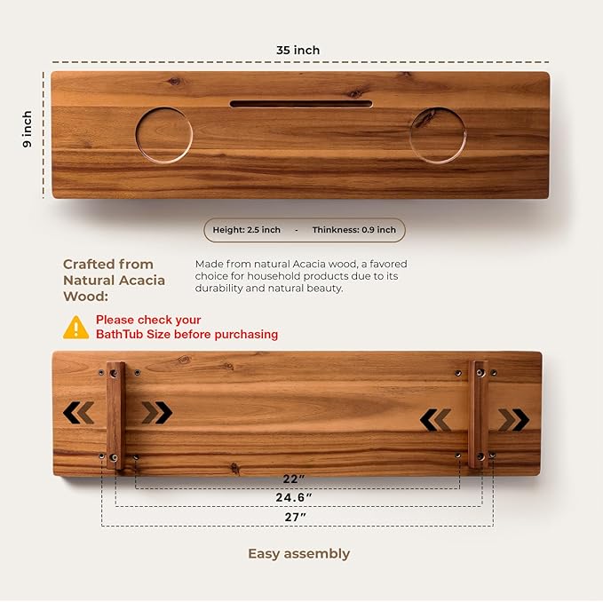 Tinamo Acacia Bathtub Caddy Tray Table | 35x9 Inch Large Bath Tub Tray Wooden | Anti-Tipping, Sustainable Tub Tray for Bathtub | Bathtub Accessories Holders for Bathtub (Acacia, 35x9) - Bloomnest