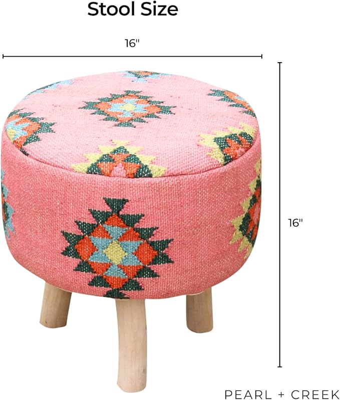 Arabella Pink Kilim Pouf Ottoman – 16" Round Handwoven upholstered Foot Stool with Washable Cover – Accent Knockdown Stool for Bedroom, Living Room, cottagecore, Boho & Farmhouse Decor - Bloomnest