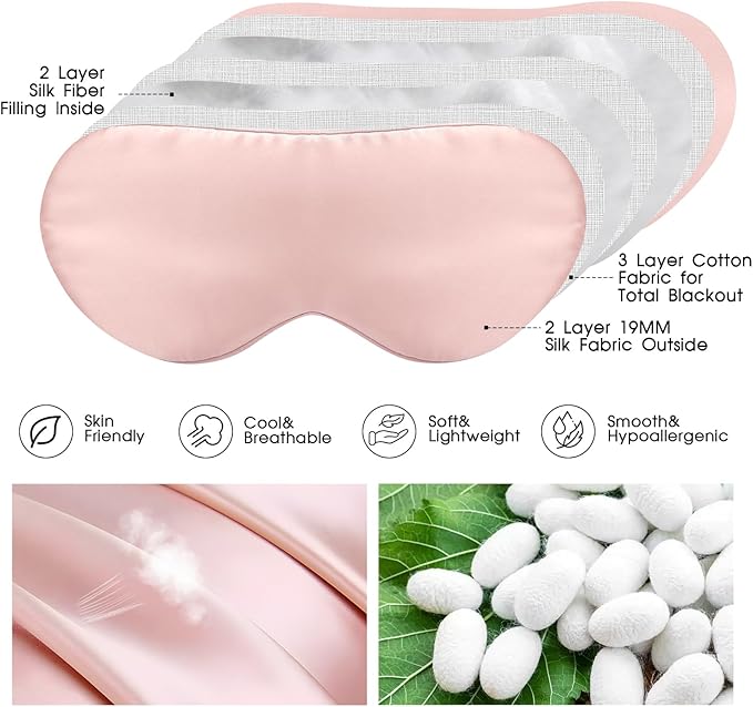 Mulberry Silk Blackout Adjustable Sleep Eye Mask for Men/Women Travel Plane,Blush Pink - Bloomnest