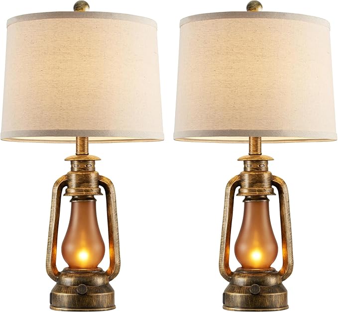 RORIANO 25" Set of 2 Rustic Lantern Table Lamps for Living Room Bedroom, 2 USB Ports Farmhouse Vintage Bedside Desk Lamp Nightlight for Entryway Office End Table, 4 Bulbs Included - Bloomnest
