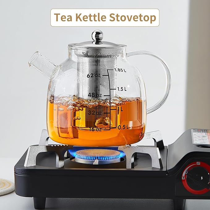 68OZ Glass Teapot Tea Pot With Infuser, Glass Kettle For Stove Top, Tea Glass Pot, 2000ML Glass Tea Cup With Infuser And Lid For Loose Leaf Tea Steeper, Dishwasher Safe - Bloomnest