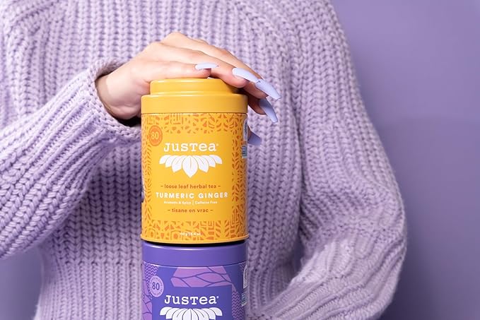 JusTea TURMERIC GINGER | Loose Leaf Herbal Tea | Tin with Hand Carved Tea Spoon | 40+ Cups (3.9oz) | Caffeine Free | Award-Winning | Fair Trade | Non-GMO - Bloomnest