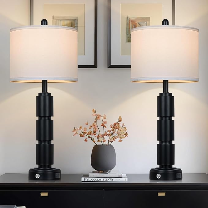 Set of 2 Modern Table Lamps for Living Room Bedroom,29" Tall Bedside Lamp with 2 USB Port,Black Metal Touch Nightstand Lamp for Desk End Side Table Entryway,Black - Bloomnest