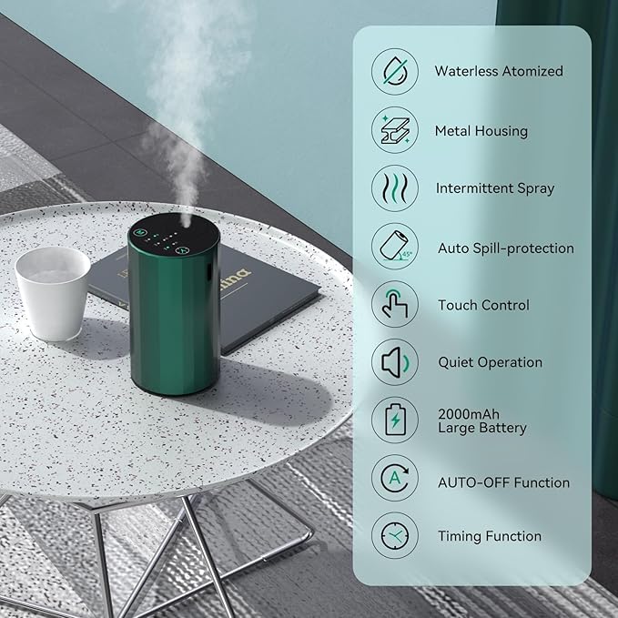 Waterless Essential Oil Diffuser Aromatherapy Scent Diffusers for Home Large Room, Bedroom, Car, Office, Desk, Battery Operated Mini Portable Air Freshener (Green) - Bloomnest