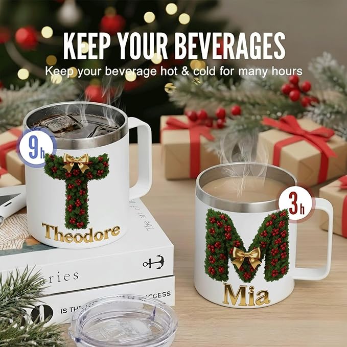 Personalized Christmas Insulated Coffee Mug with Handle – Custom Initial Letter [M] Double Wall Stainless Steel Travel Tumbler for Hot & Cold Drinks – Unique Holiday Gift for Men, Women, & Kids(B117) - Bloomnest