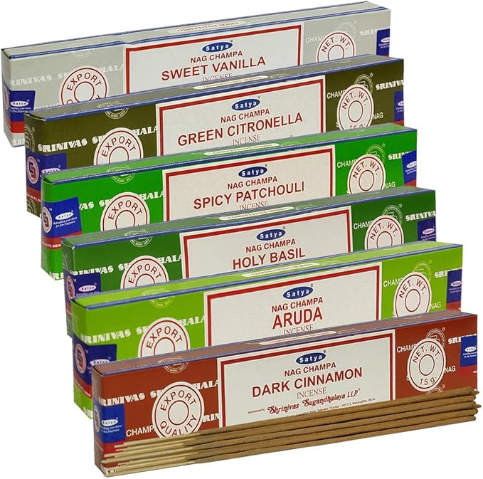 Satya Incense Sticks Variety Pack #8 and Incense Stick Holder Bundle with 6 Festival Fragrances TRUMIRI