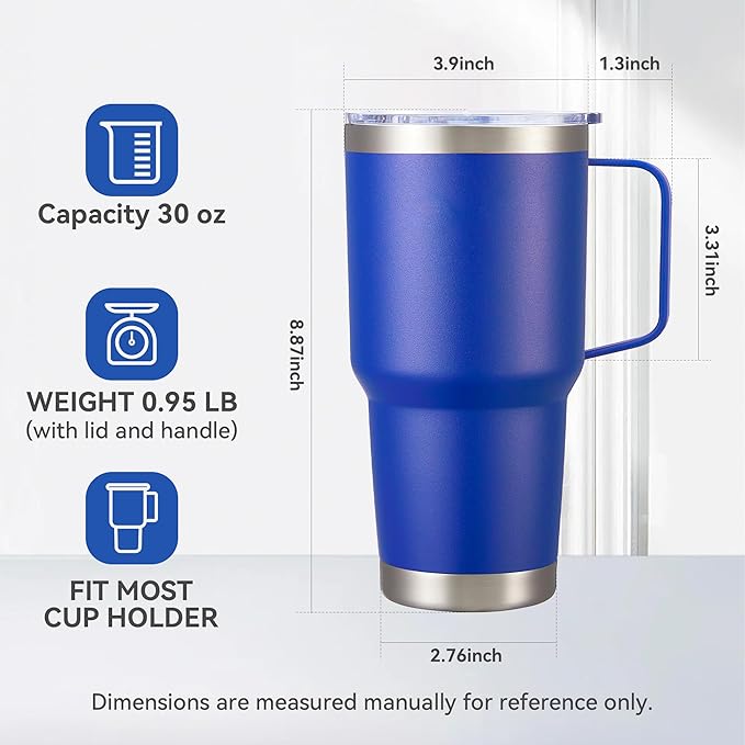 30 oz Tumbler with Handle and Lid, Stainless Steel Tumblers Double Wall Vacuum Insulated Travel Mug Leak Proof Cup Keep Drinks Cold and Hot Blue, 1 Pack