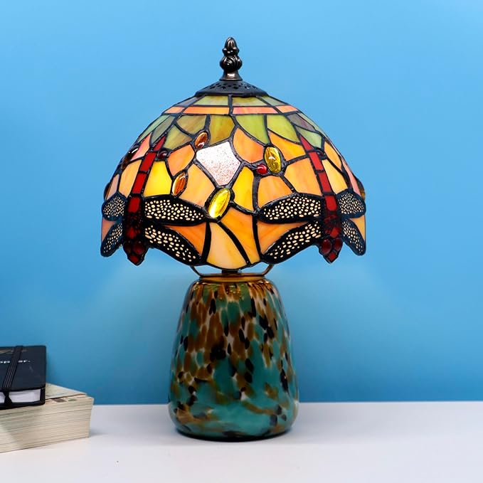 Tiffany Mushroom Table Lamp Dragonfly Style Yellow Stained Glass Accent Lamp Brown Blue Glass Base 8X8X12 Inch - Bloomnest