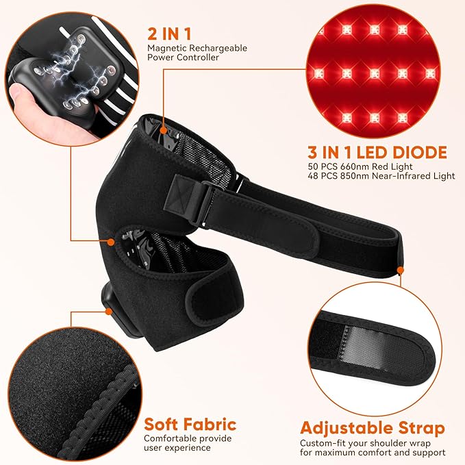 Red Light Therapy for Shoulder Pain Relife, Cordless Portable Shoulder Massager Heating Pad, Infrared Light Therapy for Arthritis,Improve Joint Muscle，660nm&850nm Red Light Heated Wrap - Bloomnest