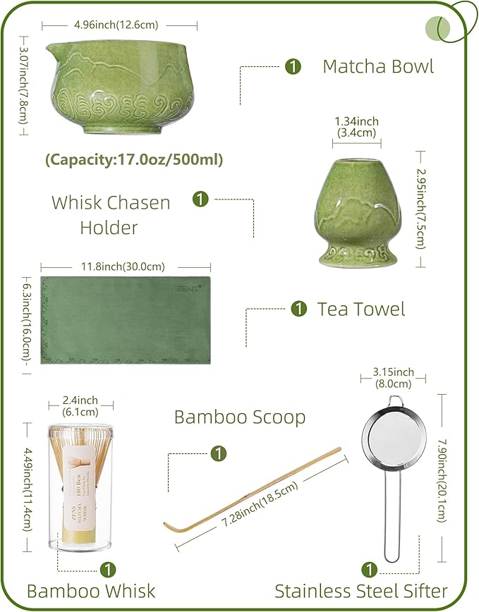 ZENS Matcha Whisk Set, 6Pcs Matcha Kit Set Includes Ceramic Bowl, Bamboo Whisk and Chasen Holder,Scoop, 304 Stainless Sifter & Tea Mat, Matcha Set for Tea Ceremony, Blue - Bloomnest