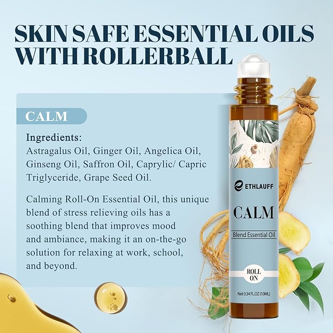 Calm Essential Oil Roll On, Aromatherapy Roll On Oil Blends for Stress Relief, Massage, Self Care Relaxation Gift - Bloomnest