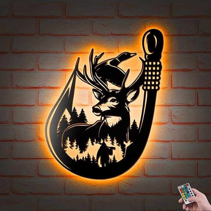 Lovely POD Personalized Metal Sign, Deer Duck Fish Hunting Art, Led Lights Wall Art, Custom Hunter Name Sign Decoration for Home, Fishing And Hunting Gift - Bloomnest